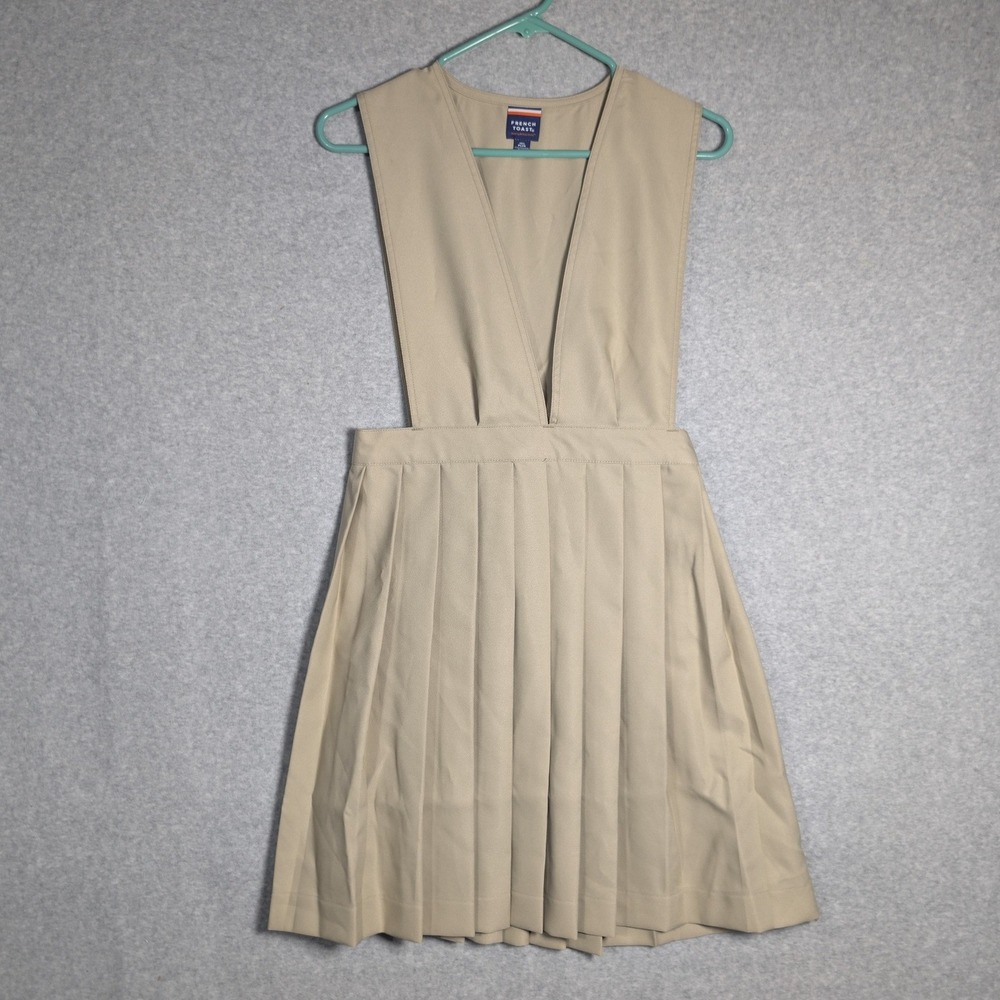 French Toast V-Neck Pleated Apron Dress Girls 14.5 Plus Khaki School Uniform